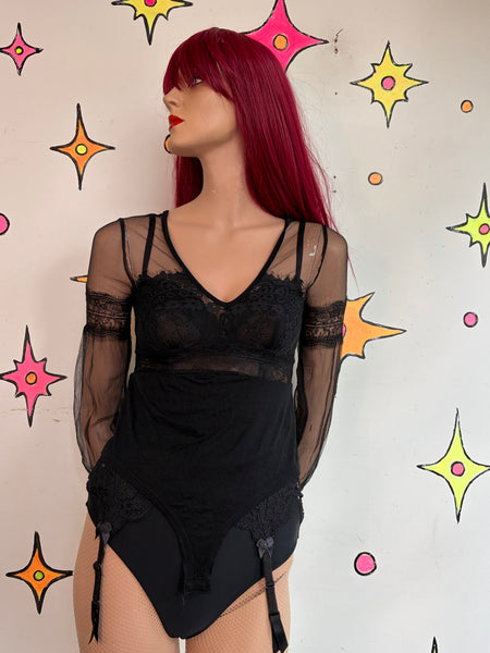 Vintage Gothic Black Lace Bodysuit Sheer Viscose Goth Grunge Lingerie Top S