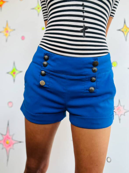Y2K Blue Sailor Shorts with Gold Buttons – Pirate Core Boho Grunge – Size Small
