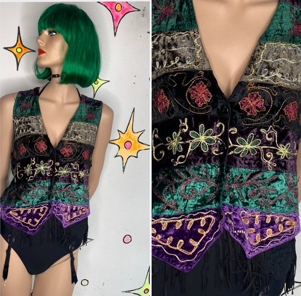 Vintage 90s Patchwork Velvet Vest Whimsigoth Speed Limit MPH Boho Goth M