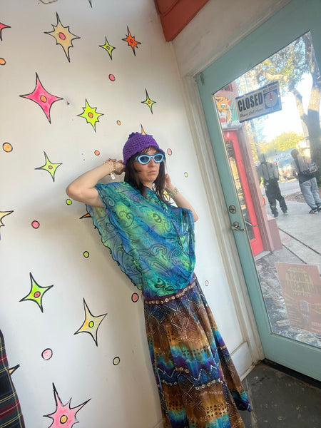 Y2K Teal Mesh Paisley Festival Poncho - Fairycore Whimsy Grunge - Free Size