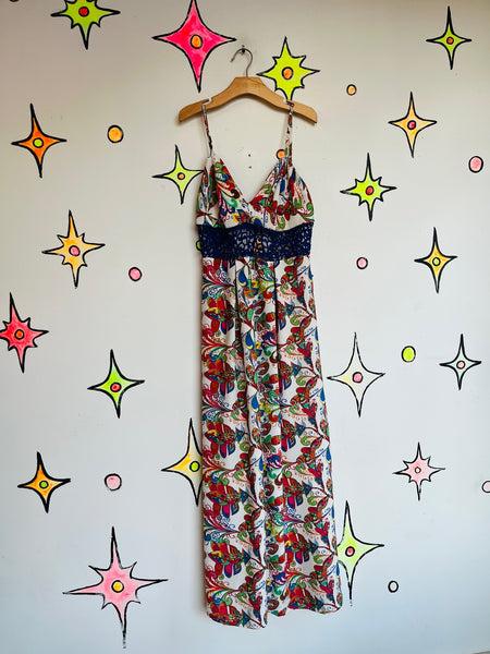 Retro 90s does 70s Rainbow Psychedelic Groovy Floral Maxi Dress S/M
