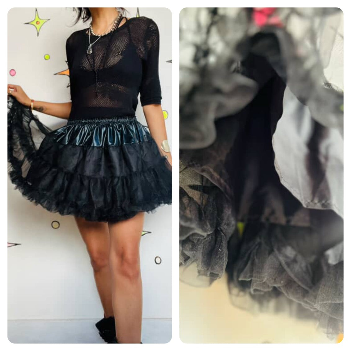 Vintage Black Goth Tutu Mini Skirt Y2K Extra Full Crinoline Babydoll Slip - S/M