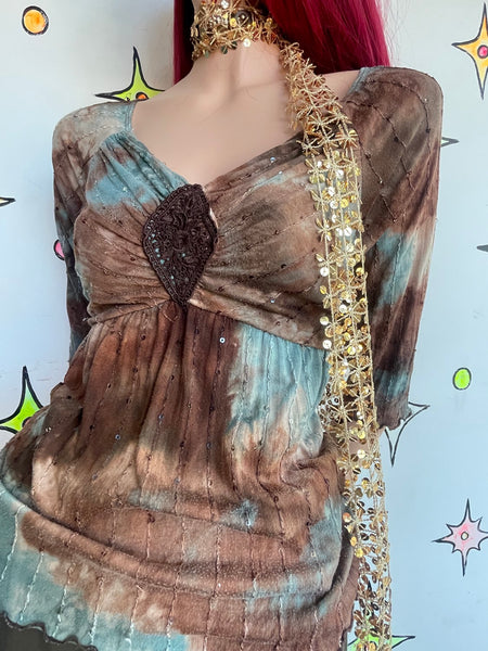 Y2K Blue & Brown Tie-Dye Crochet Embellished Top Fairy Grunge Boho Mori Kei L