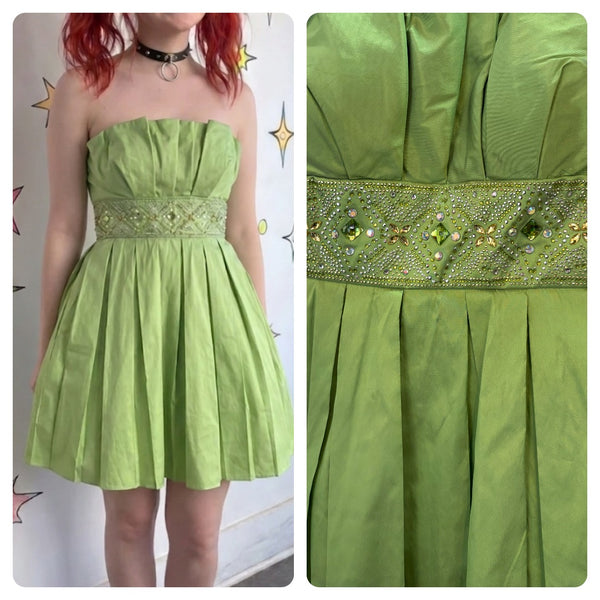 Y2K Lime Green Fairy Formal Satin Bedazzled Rhinestone Cupcake Mini Dress S