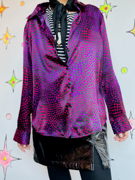 Vintage 90s Y2K Cyber Goth Grunge Abstract Optical Illusion Print Glam Blouse L