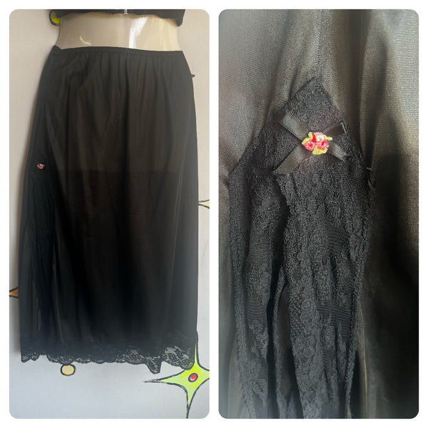 Vintage 60s 70s | Black Lace Trim Lingerie Pin up Slip Skirt Half Slip | S