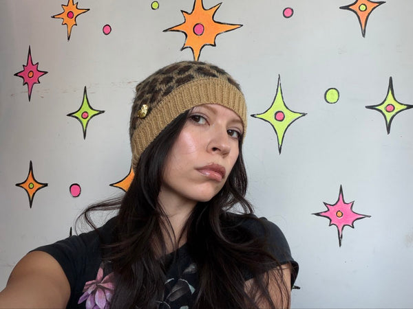 Vintage Betsy Johnson Leopard Maximalist Kitsch Glam Beanie Y2K Mob Wife