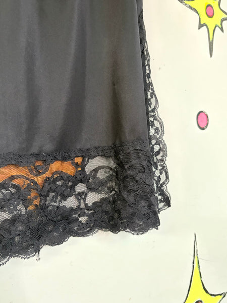Vintage Black Nylon Half Slip | Lace Trim Lingerie Slip Skirt Fairy Goth M