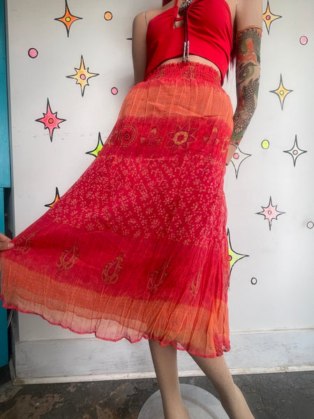 Red Orange Gauzy Paisley Maxi Skirt Flowy Fairy Whimsy Grunge Boho Western M/L