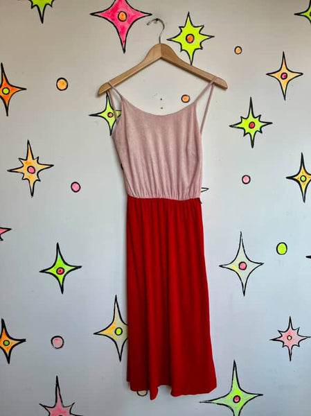 Retro 70s Pink & Red Terry Cloth Midi Dress – Soft Lounge Boho Resort Style S/M