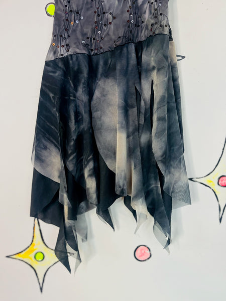 Y2K Glitter Asymmetric Fairy Whimsy Goth Handkerchief Hem Mini Skater Dress - S