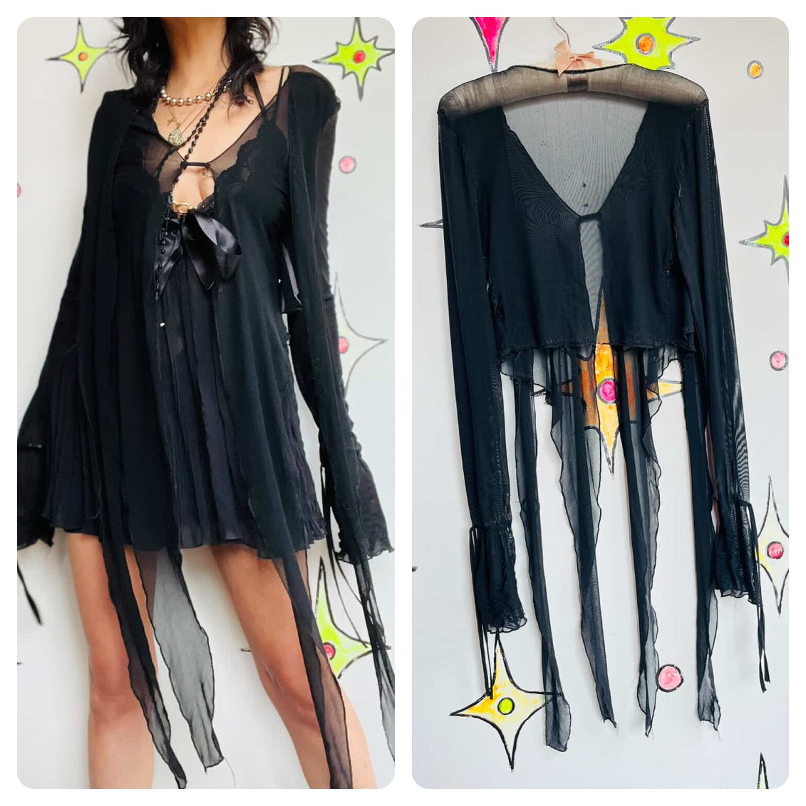 Vintage Y2K Sheer Black Mesh Deconstructed Fairy Goth / Post-Apocalyptic Top