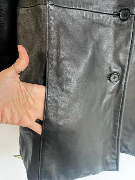 Vintage 90s Black Leather Trench Coat Goth Grunge Leather Jacket - Small