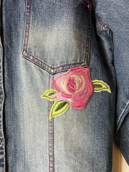 Vintage Y2K Embellished Denim Jean Jacket | ANGEL Roses Patches | Coquette | S