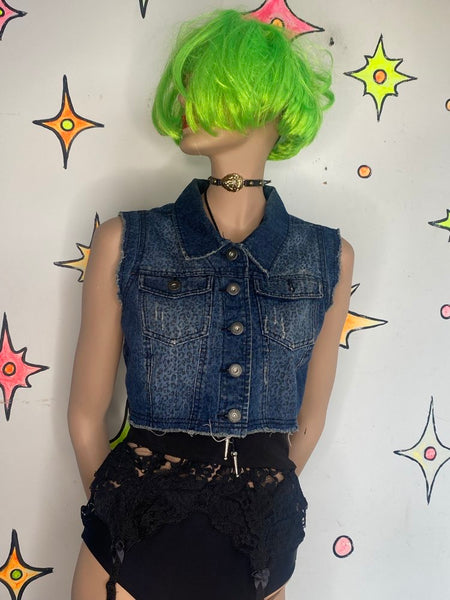 Leopard Print Cropped Denim Vest Y2K Indie Sleaze Grunge Western Top