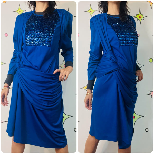 Vintage 80s Blue Glitter Sequin Party Dress ' Old Money Glam ' Shoulder Pads XL