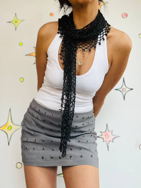 Vintage Black Beaded Fringe Shawl ' Whimsy Goth Fairy Grunge Festival Wrap