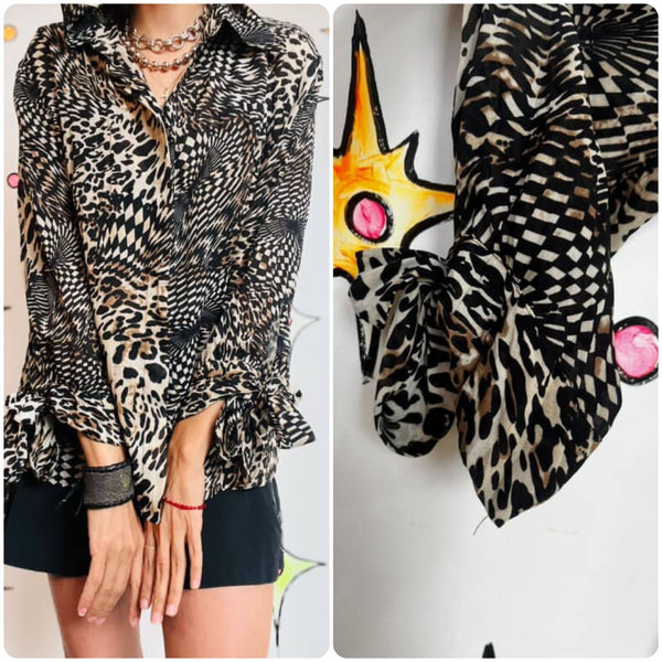 90s Y2K Leopard & Geometric Optical Illusion Print Glam Blouse – Le Caviar – XL