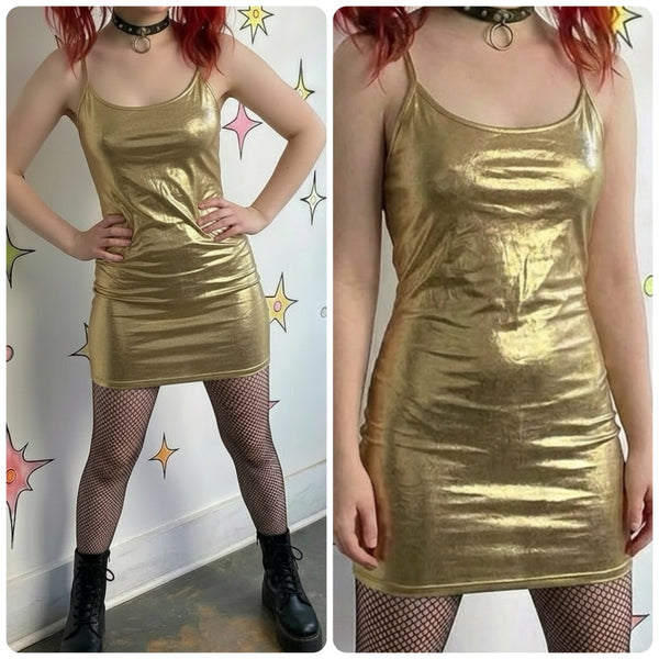 Y2K Gold Retro Metallic Mini Dress Disco / retro 80s Galactic Glam Party Dress L