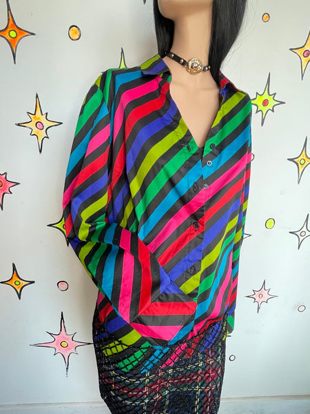 Rainbow Striped Button Up Shirt – Rainbowcore Fairy Grunge Boho Pride Top L/XL