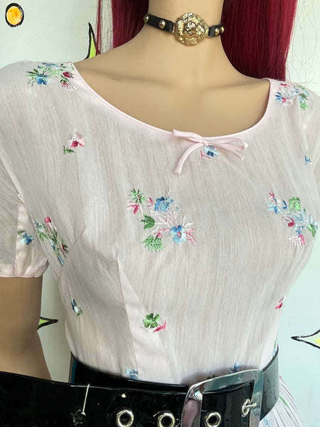 Vintage Pastel Pink Embroidered Babydoll Dress Fit & Flare Kawaii Coquette S