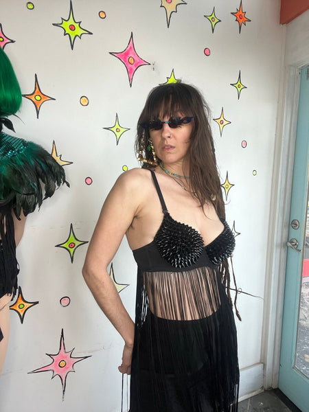 Black Spike Fringe Bra Goth Rave Metal Cosplay Grunge Rocky Horror S