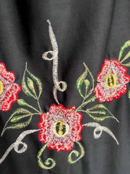 Witchy Black Western Boho Piano Shawl Scarf ' Fringe Red Floral Embroidery