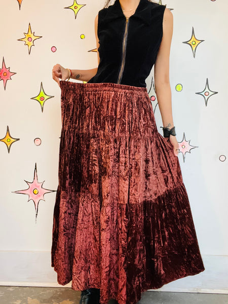 Vintage 90s Y2K Brown Crushed Velvet Boho Tier Maxi Skirt Fairy Grunge One Size