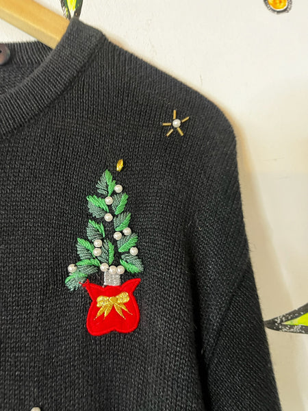 Vintage Embellished 80s 90s Black Ugly Tacky Christmas Sweater Cardigan – XL