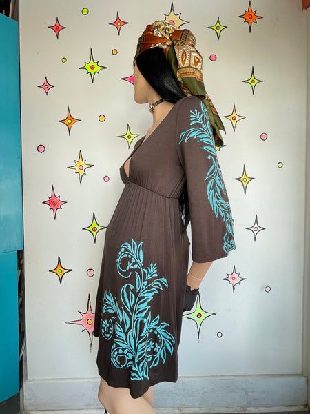 Y2K Brown and Blue Tattoo Print Mini Dress – Embroidered Boho Fairy Grunge S