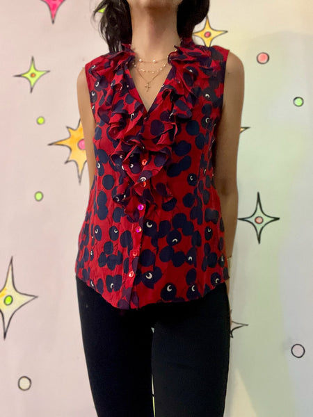 Vintage Y2K Nanette Lepore French Designer Cherry Red Ruffle Sheer Silk Blouse 6