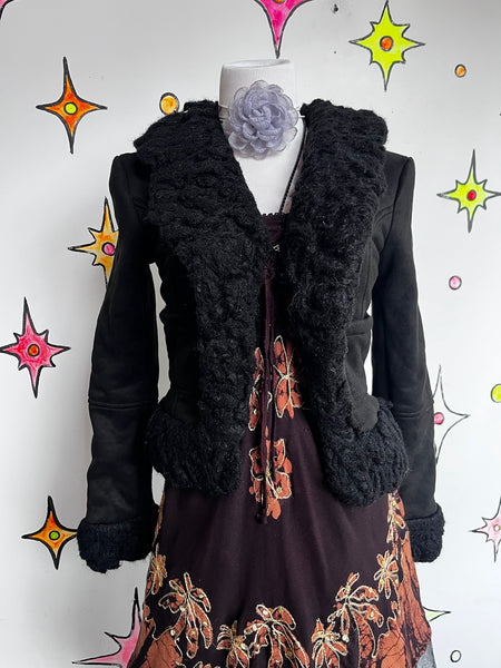 Y2K Black Faux Fur Trim Jacket Fairy Grunge Whimsy Goth Glam - XS