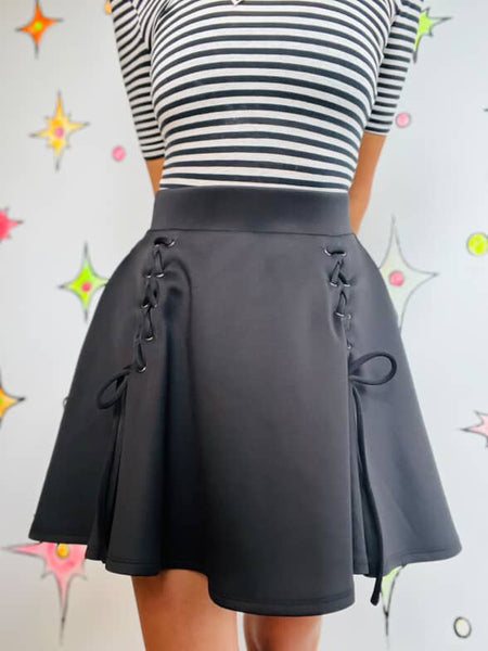 Y2K Black Lace Up Babydoll Mini Skirt | Stretchy Goth Fairy Hot Topic Skirt | S