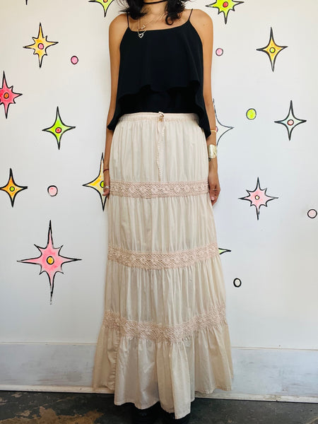 Vintage 90s Y2K Off White Boho Tiered Lace Maxi Skirt – Fairy Grunge Coquette SM