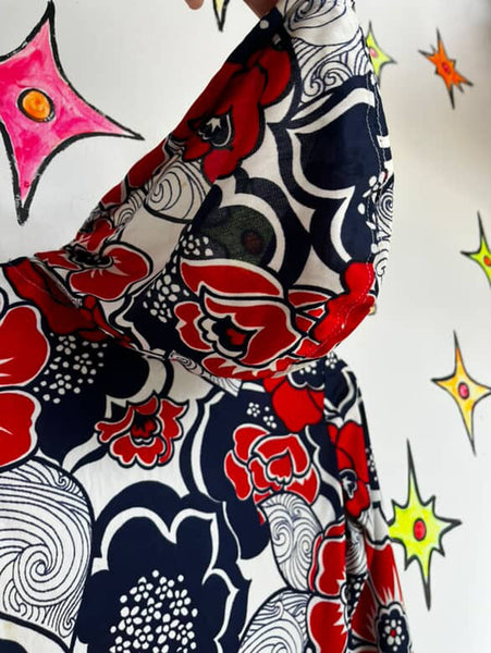 Vintage 60s Navy Red White Psychedelic Print Micro Mini Dress Mod Space Age - XS