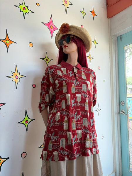 Vintage Red Tiki Souvenir Aloha Party Shirt Hawaiian Polo Knit Plus Size XXL+