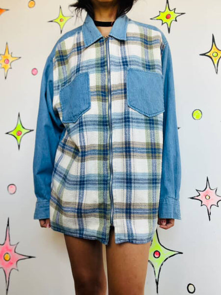 90s GITANO Denim and Plaid Flannel Long Sleeve Zip-Up Shirt | Grunge Boho | L