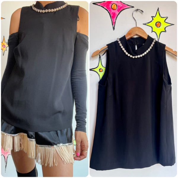 Black Rhinestone Cocktail Blouse Old Hollywood Goth Glam Audrey Hepburn M/L