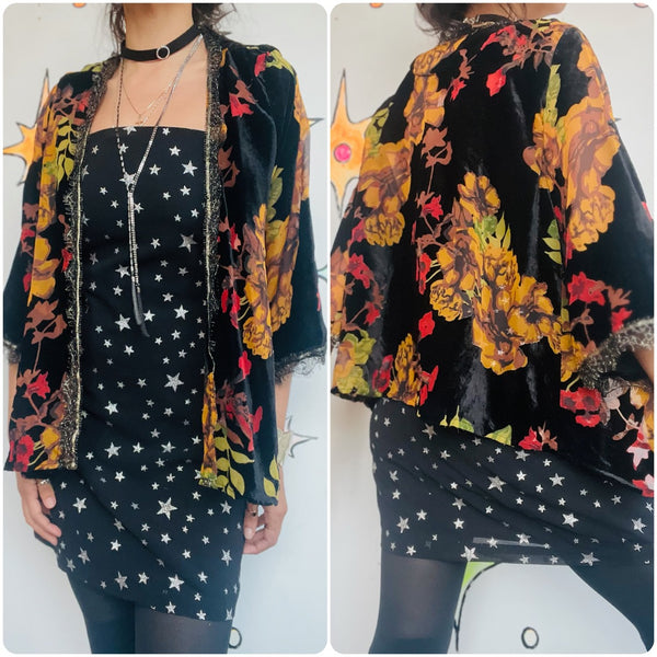 Black Velvet Kimono Floral Burnout Shimmer | Sheer Witchy Whimsy Goth Fairy | L