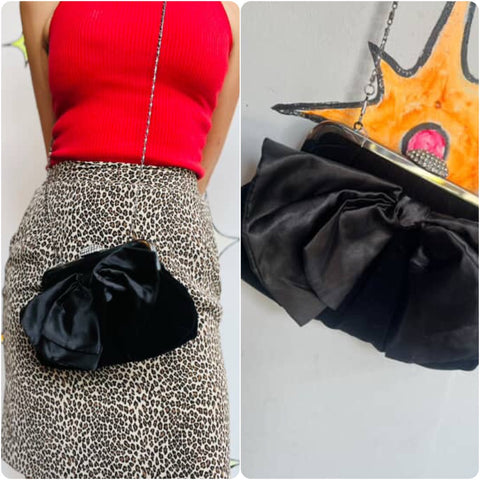 Vintage Swarovski Crystals Black Velvet Clutch - Neiman Marcus - Satin Bow Bag