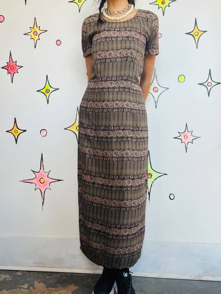 Vintage 90s Witchy Boho Fairy Grunge Maxi Dress | Plaid Floral Slit Dress Sz 8