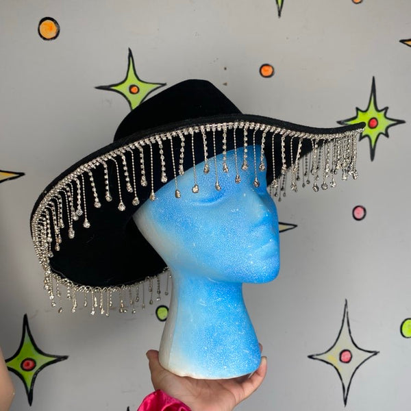 Black Beaded Fringe Cowgirl Hat | Rhinestone Western Goth Glam - One Size