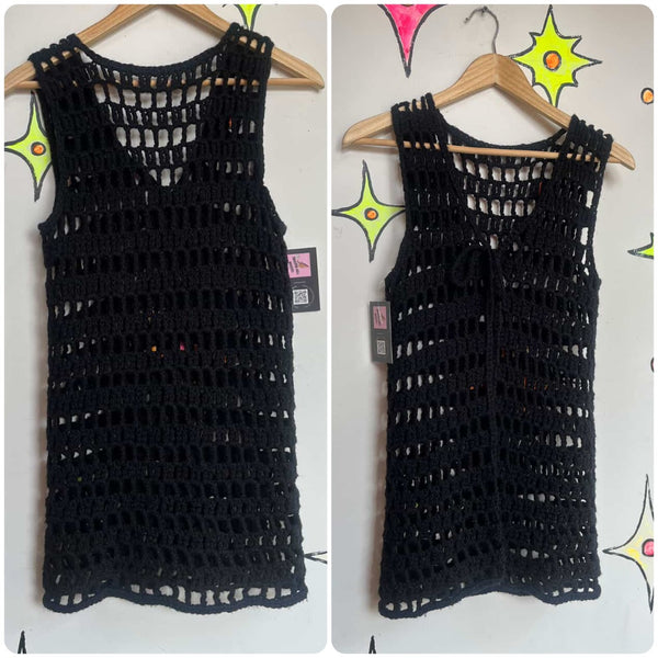 Vintage 60s 70s Black Hand-Crocheted Boho Rocker Vest – Hippie Festival Layer
