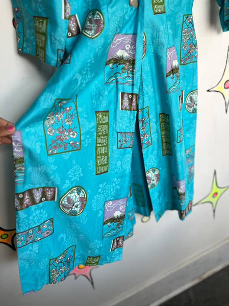 Vintage 1950s- 60s Blue Kimono Geisha Wiggle Tiki Dress - Mid Century - M/L