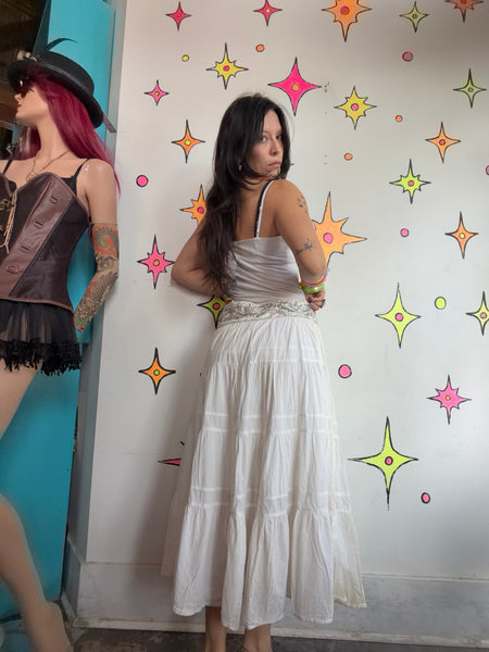 Y2K White Beaded Boho Midi Skirt Fairy Grunge Western Cowgirl Tiered L