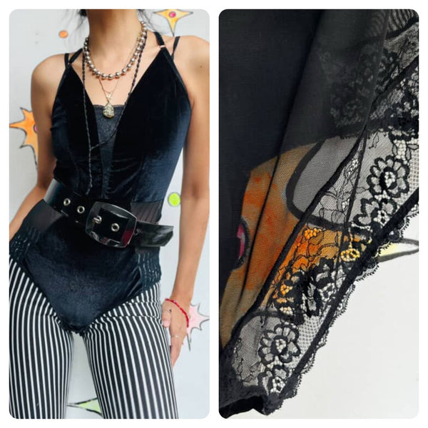 Vintage Y2K Lacey Black Velvet Whimsy Goth Babydoll Teddy Lingerie Bodysuit – L