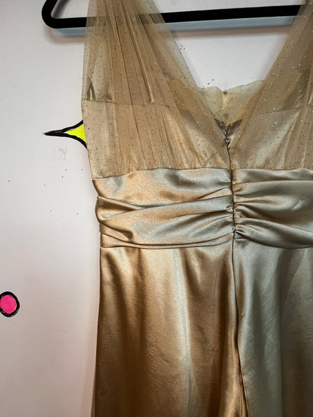 Vintage 90s Gold Glitter Satin Metallic Glam Midi Dress Cocktail Party Dress M