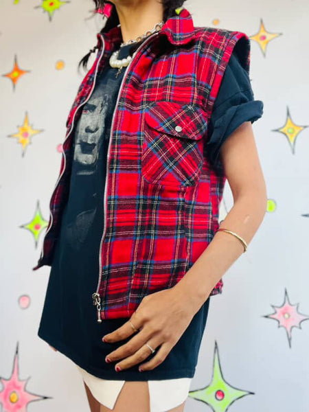 Vintage 90s Y2K Red Plaid Zip Up Flannel Utility Vest | Grunge Layering Top S