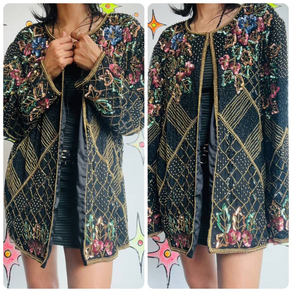 Vintage 80s Art Deco Silk Sequin Party Blouse Jacket – Lawrence Kazar XL