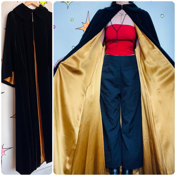 Vintage Antique? Rococo Cloak | Black Velvet Cape Lined in Gold Satin | OS